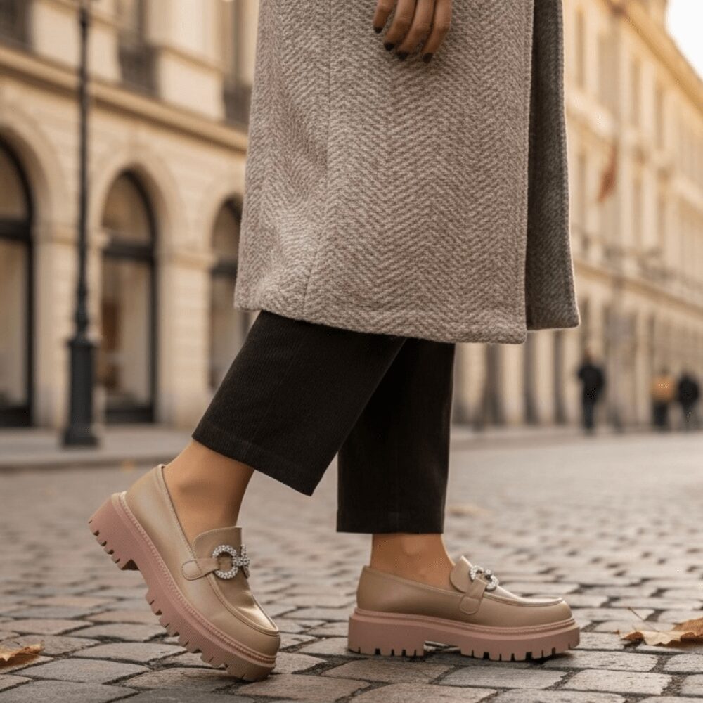 Mocassini Beige Fibbia Strass