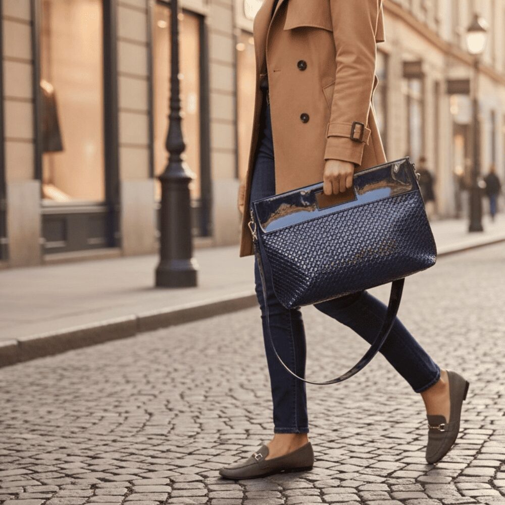 Borsa Blu Intreccio Lucida