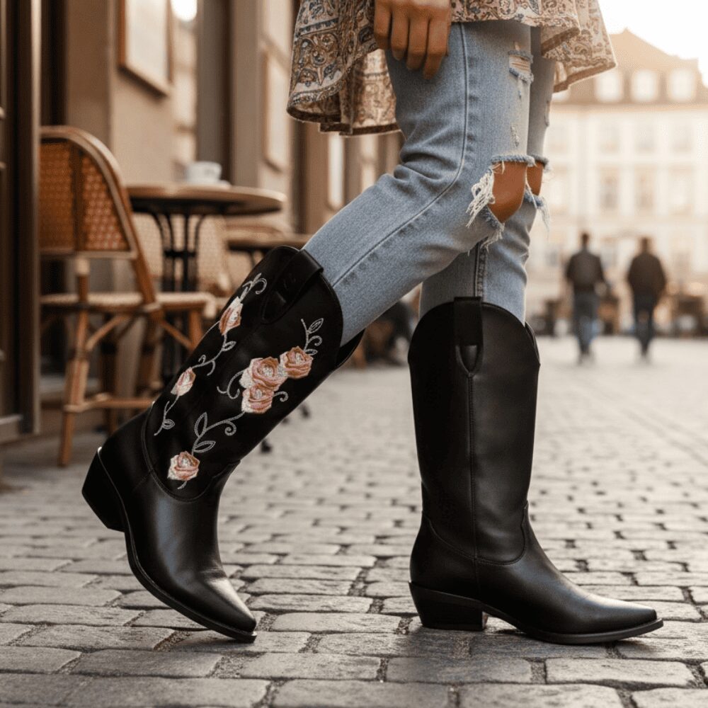 Stivali Texani Neri Ricamati